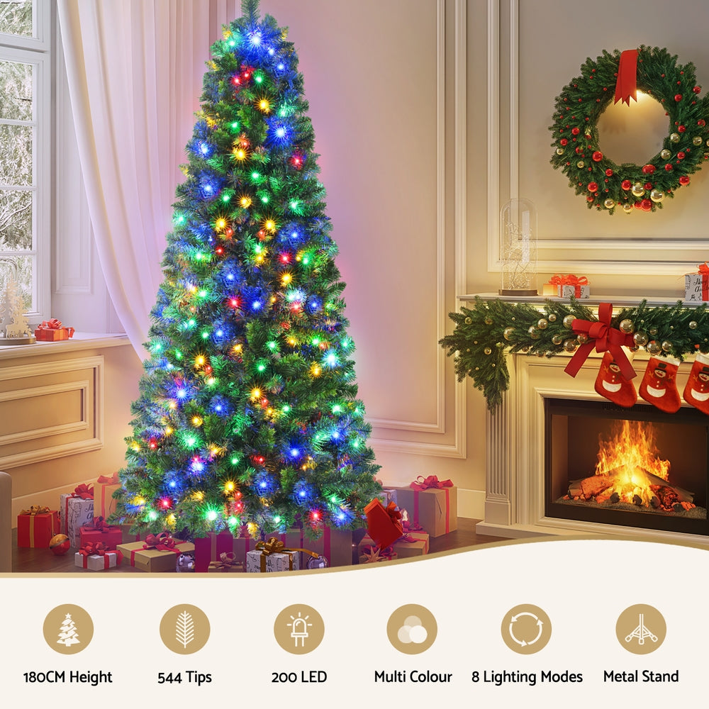 Pre-Lit Christmas Tree 1.8m | 8 Light Modes | Multi-Colour LED | 200 Lights