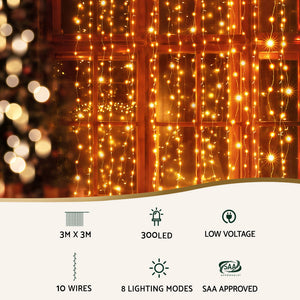Christmas Curtain Lights 3m x 3m | 300 LED Warm White String Lighting