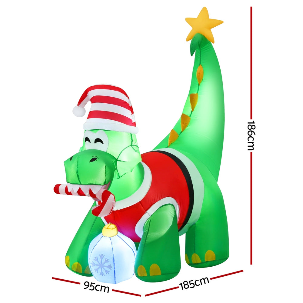 Inflatable Christmas Dinosaur 1.86m | LED Light Up Xmas Decoration | Outdoor & Indoor Use