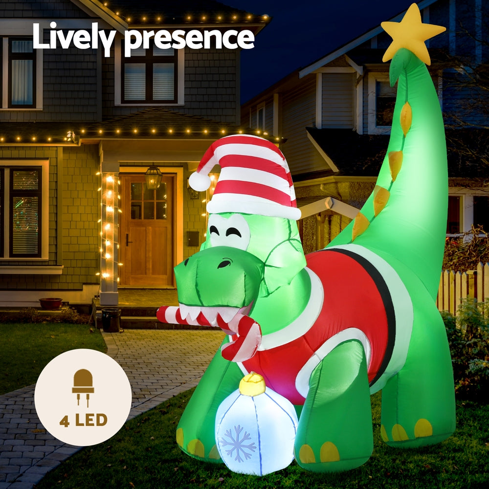 Inflatable Christmas Dinosaur 1.86m | LED Light Up Xmas Decoration | Outdoor & Indoor Use