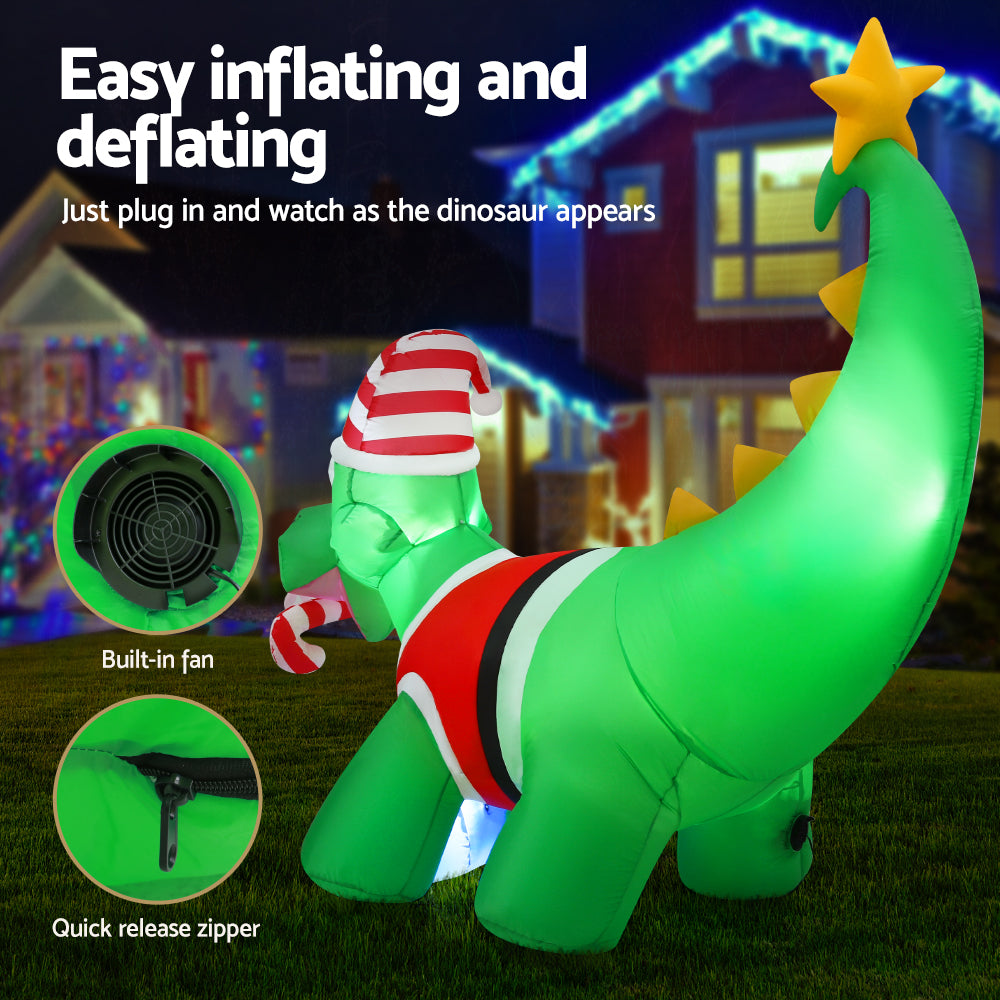 Inflatable Christmas Dinosaur 1.86m | LED Light Up Xmas Decoration | Outdoor & Indoor Use