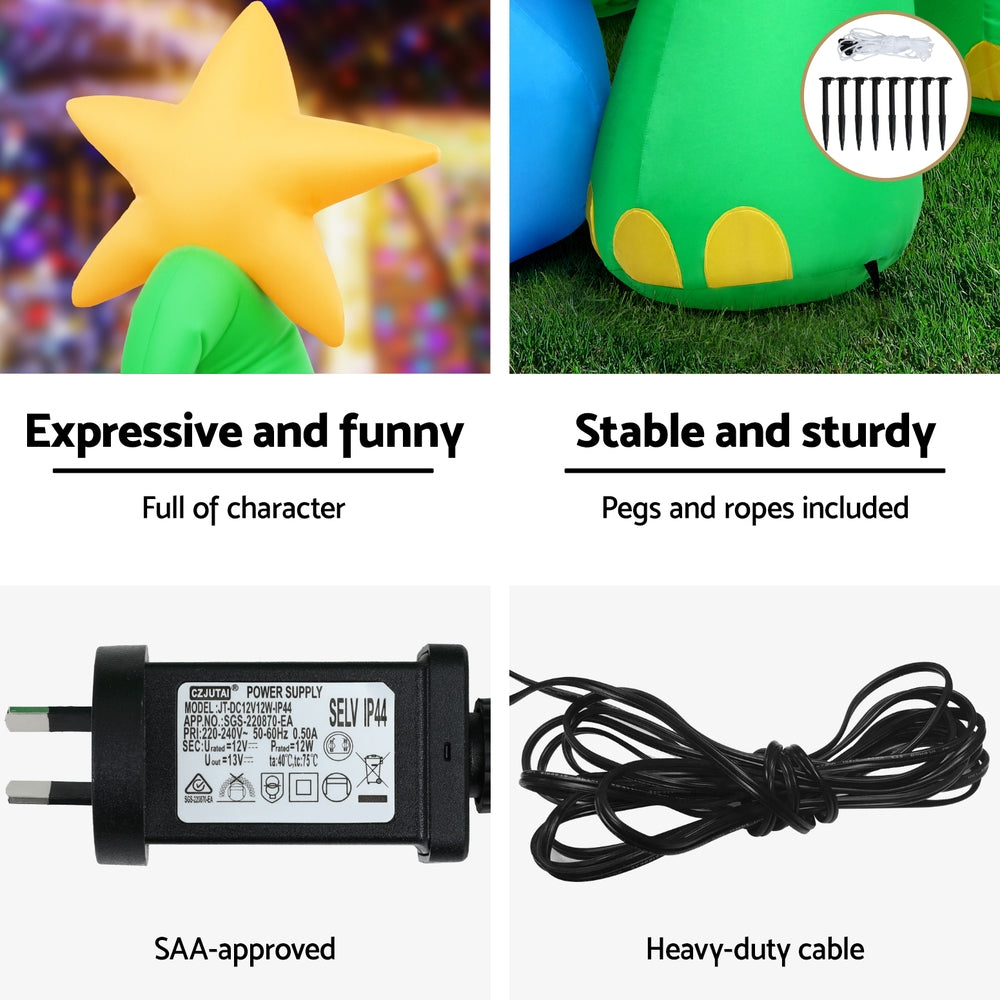 Inflatable Christmas Dinosaur 1.86m | LED Light Up Xmas Decoration | Outdoor & Indoor Use
