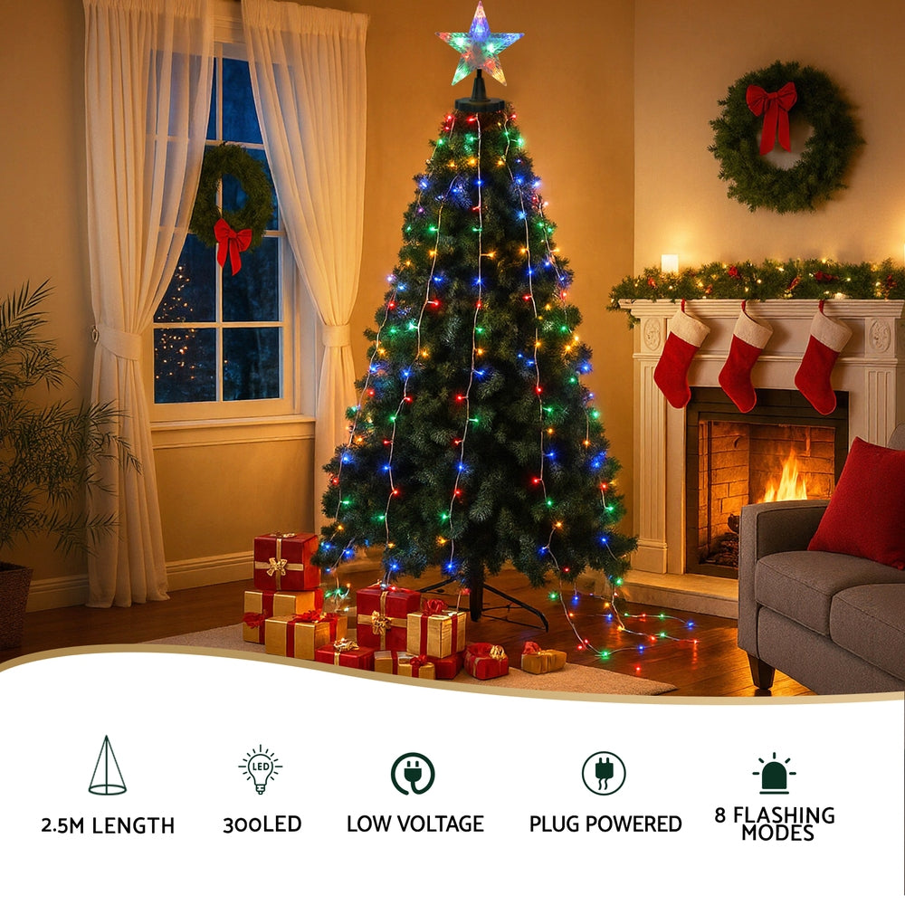 Waterfall Christmas Lights 2.5m | 300 LED String Lights with Star Topper | Xmas Decoration