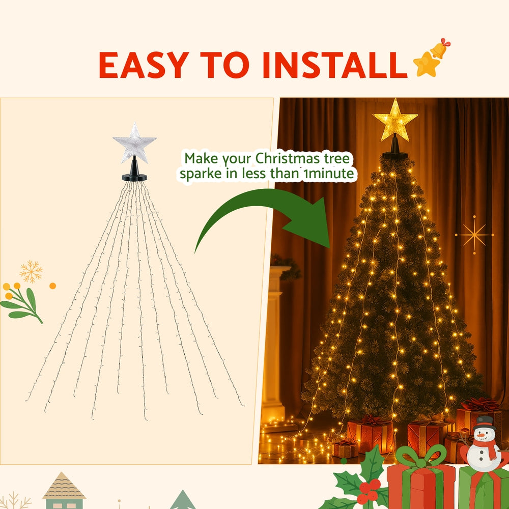 Christmas Lights Waterfall 2.5m | 300 LED String Lights with Star Topper | Indoor & Outdoor Xmas Decoration