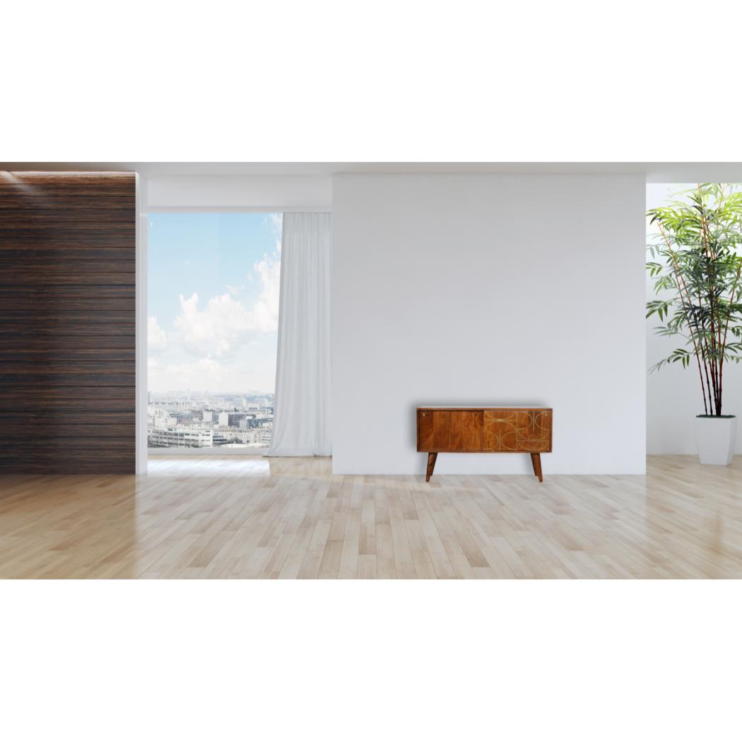 Abstract Inlay Sideboard | Solid Mango Wood | Chestnut Finish | Statement Storage Cabinet