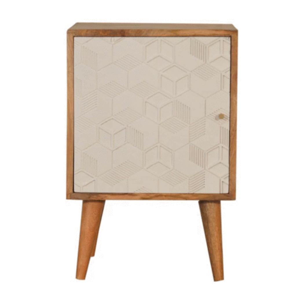 Acadia Cube Carved Bedside Table | Solid Mango Wood | Oak & White Finish | 1 Door Storage