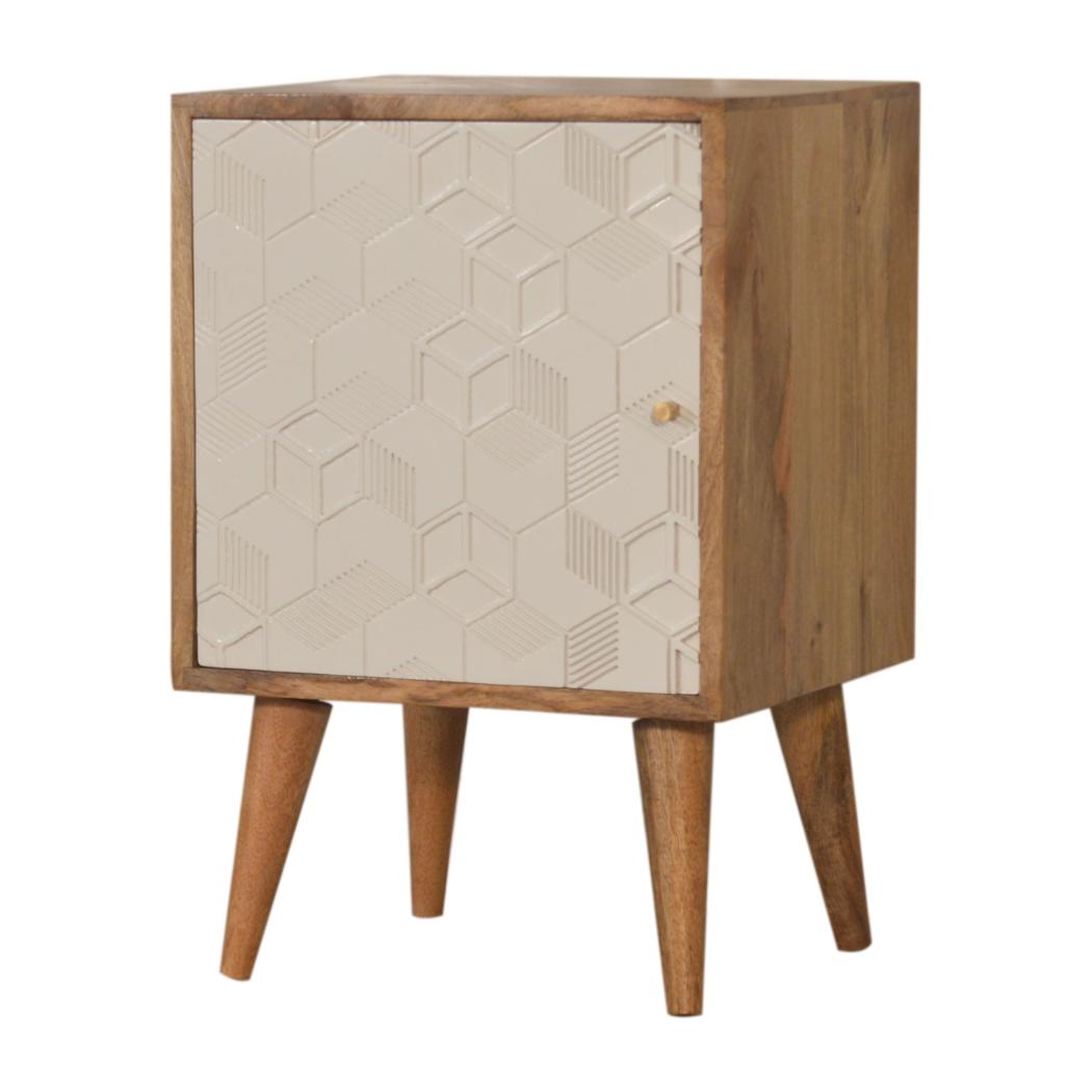 Acadia Cube Carved Bedside Table | Solid Mango Wood | Oak & White Finish | 1 Door Storage