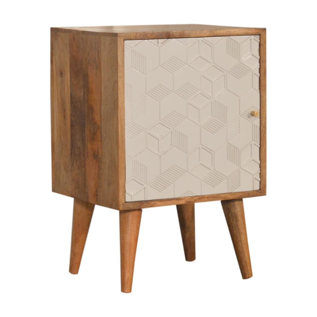 Acadia Cube Carved Bedside Table | Solid Mango Wood | Oak & White Finish | 1 Door Storage
