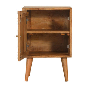Acadia Cube Carved Bedside Table | Solid Mango Wood | Oak & White Finish | 1 Door Storage