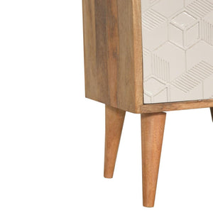 Acadia Cube Carved Bedside Table | Solid Mango Wood | Oak & White Finish | 1 Door Storage