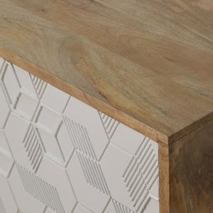 Acadia Cube Carved Bedside Table | Solid Mango Wood | Oak & White Finish | 1 Door Storage