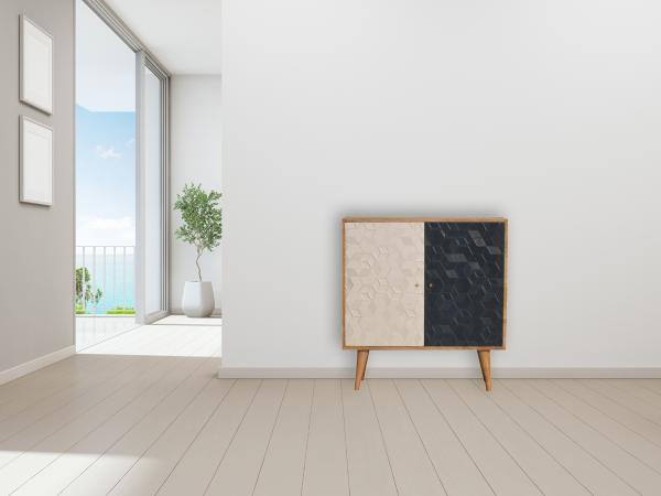 Acadia Navy & White Storage Cabinet | Solid Mango Wood | Oak Finish | 2 Carved Doors