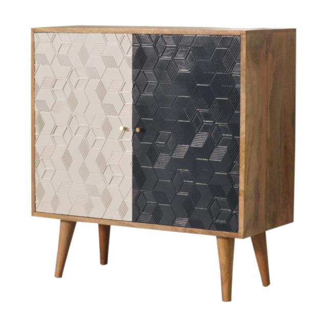Acadia Navy & White Storage Cabinet | Solid Mango Wood | Oak Finish | 2 Carved Doors