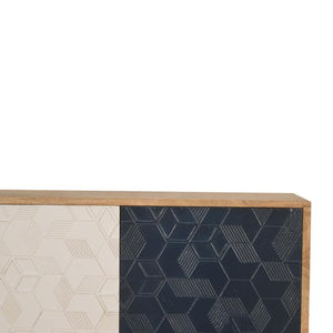Acadia Navy & White Storage Cabinet | Solid Mango Wood | Oak Finish | 2 Carved Doors
