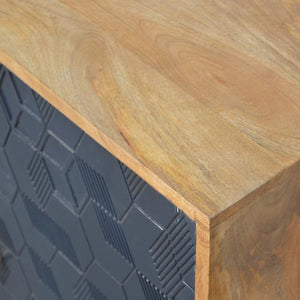 Acadia Navy & White Storage Cabinet | Solid Mango Wood | Oak Finish | 2 Carved Doors