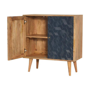 Acadia Navy & White Storage Cabinet | Solid Mango Wood | Oak Finish | 2 Carved Doors