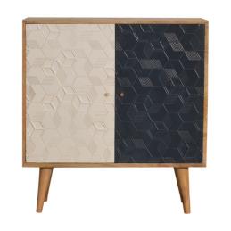 Acadia Navy & White Storage Cabinet | Solid Mango Wood | Oak Finish | 2 Carved Doors