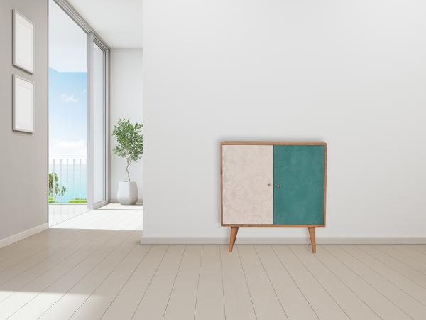 Acadia Teal & White Cabinet | Solid Mango Wood | Oak Finish | 2 Door Storage