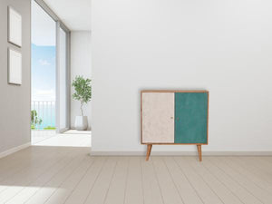 Acadia Teal & White Cabinet | Solid Mango Wood | Oak Finish | 2 Door Storage