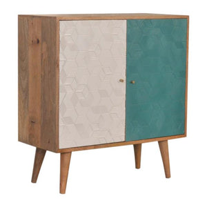 Acadia Teal & White Cabinet | Solid Mango Wood | Oak Finish | 2 Door Storage