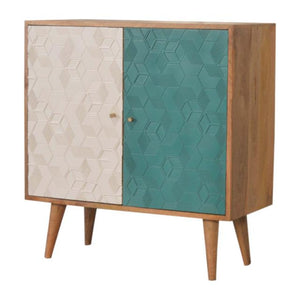 Acadia Teal & White Cabinet | Solid Mango Wood | Oak Finish | 2 Door Storage