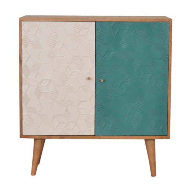 Acadia Teal & White Cabinet | Solid Mango Wood | Oak Finish | 2 Door Storage