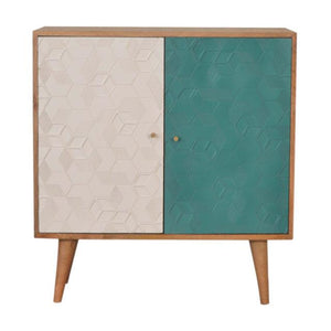 Acadia Teal & White Cabinet | Solid Mango Wood | Oak Finish | 2 Door Storage