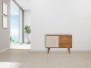 Acadia White Sideboard | Solid Mango Wood | Oak Finish | 1 Carved Door & 3 Drawers