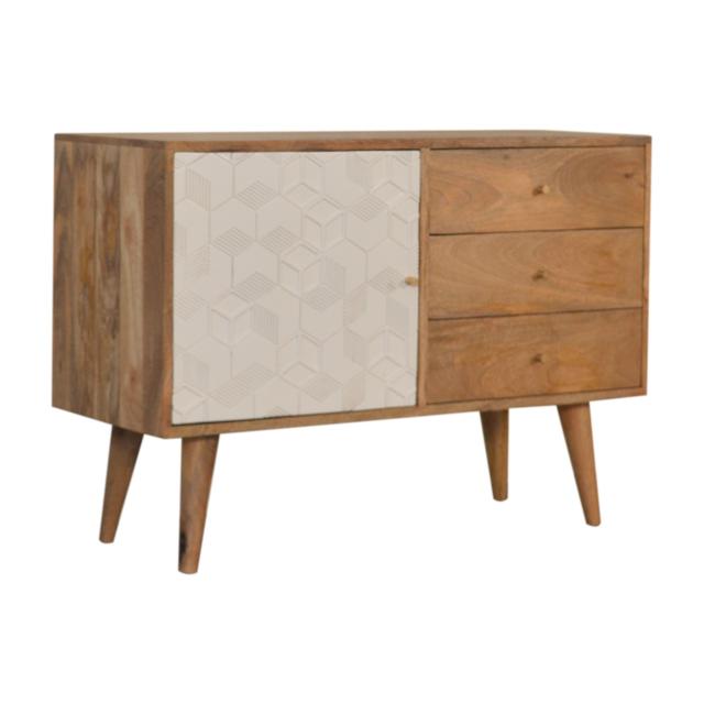 Acadia White Sideboard | Solid Mango Wood | Oak Finish | 1 Carved Door & 3 Drawers