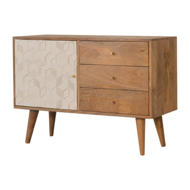 Acadia White Sideboard | Solid Mango Wood | Oak Finish | 1 Carved Door & 3 Drawers