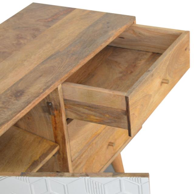 Acadia White Sideboard | Solid Mango Wood | Oak Finish | 1 Carved Door & 3 Drawers