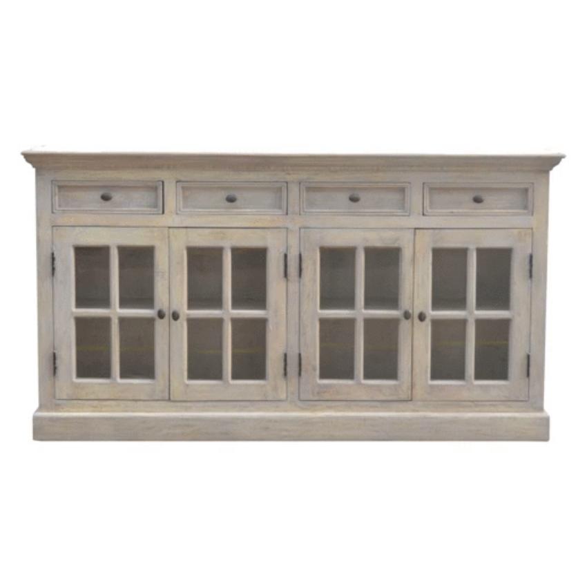 Acid-Washed Mango Wood Sideboard | 4 Glazed Doors | 4 Drawers