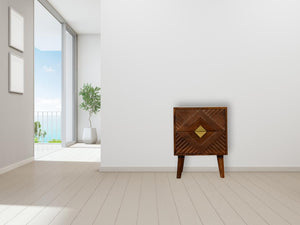 Alma Brass Inlay Bedside Table | Solid Mango Wood | Chestnut Finish | Ridged Front