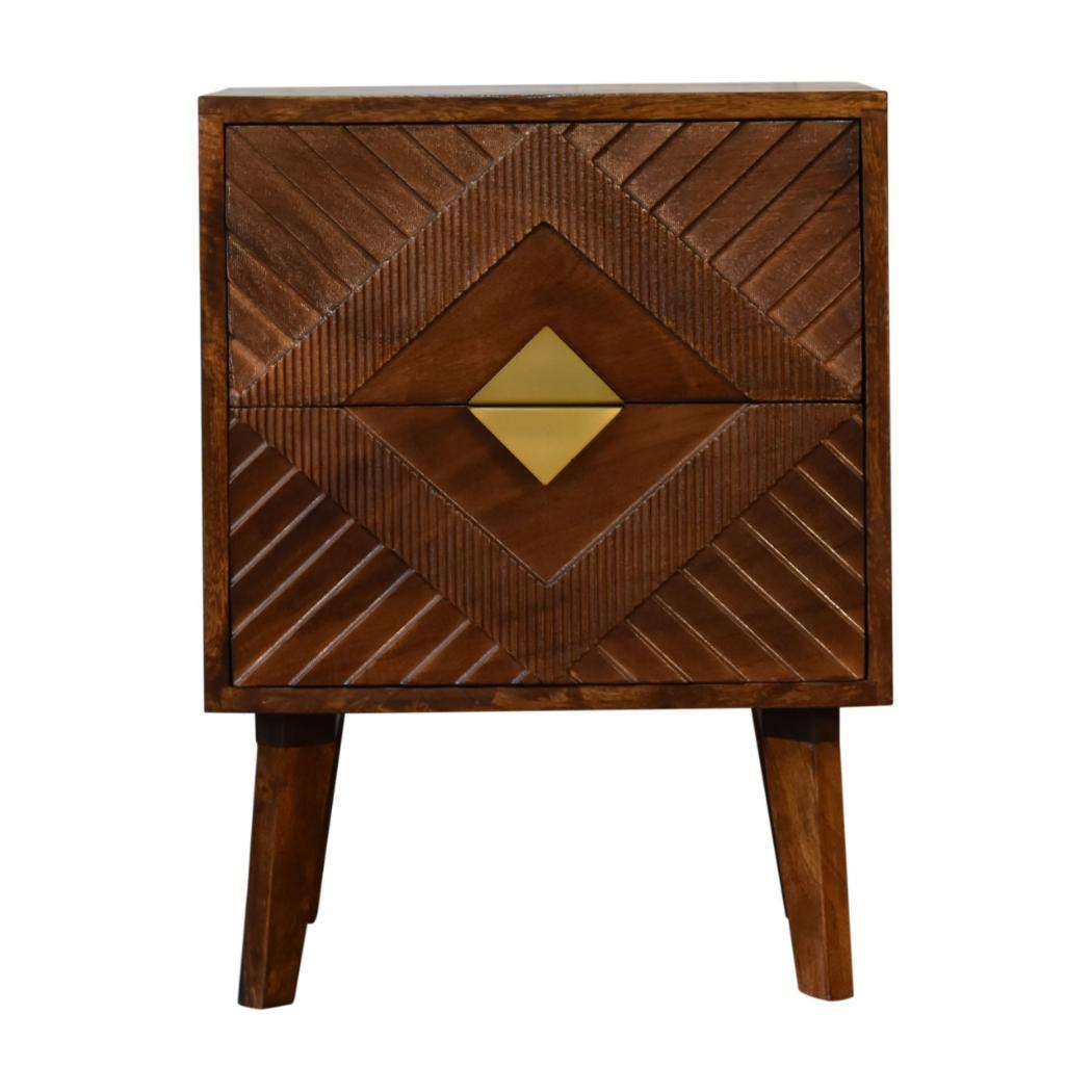 Alma Brass Inlay Bedside Table | Solid Mango Wood | Chestnut Finish | Ridged Front