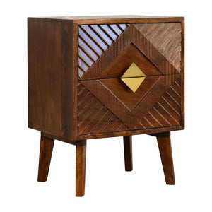 Alma Brass Inlay Bedside Table | Solid Mango Wood | Chestnut Finish | Ridged Front