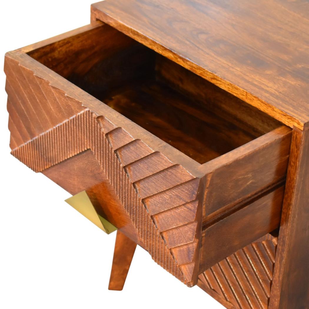 Alma Brass Inlay Bedside Table | Solid Mango Wood | Chestnut Finish | Ridged Front
