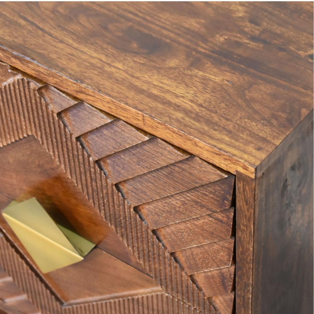Alma Brass Inlay Bedside Table | Solid Mango Wood | Chestnut Finish | Ridged Front