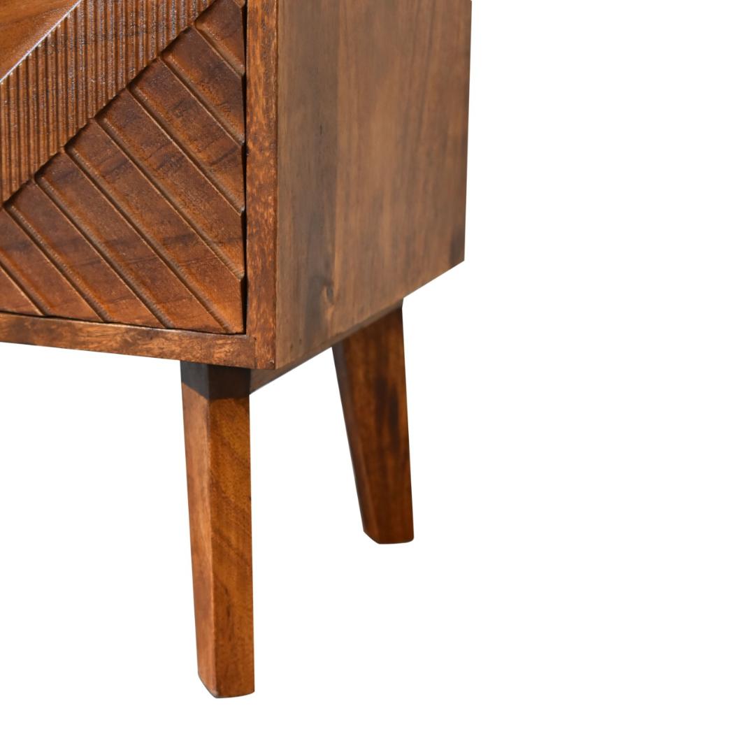 Alma Brass Inlay Bedside Table | Solid Mango Wood | Chestnut Finish | Ridged Front