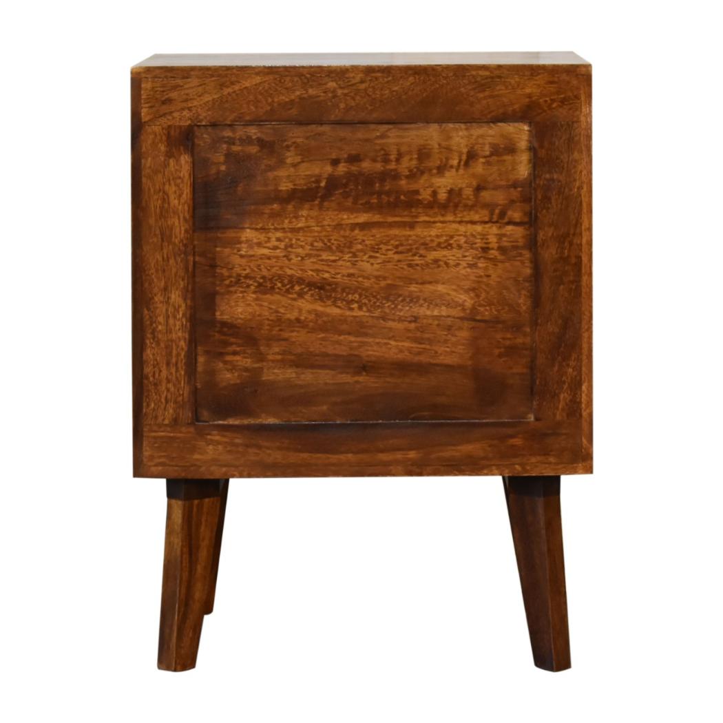 Alma Brass Inlay Bedside Table | Solid Mango Wood | Chestnut Finish | Ridged Front