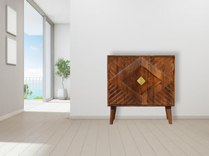 Alma Brass Inlay Cabinet | Solid Mango Wood | Chestnut Finish | Ridged Doors