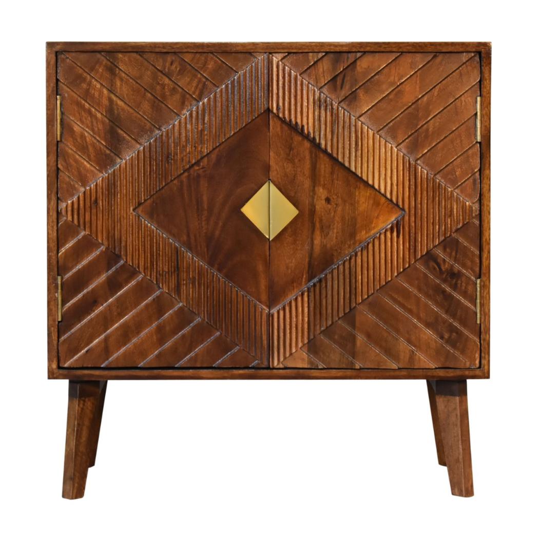 Alma Brass Inlay Cabinet | Solid Mango Wood | Chestnut Finish | Ridged Doors