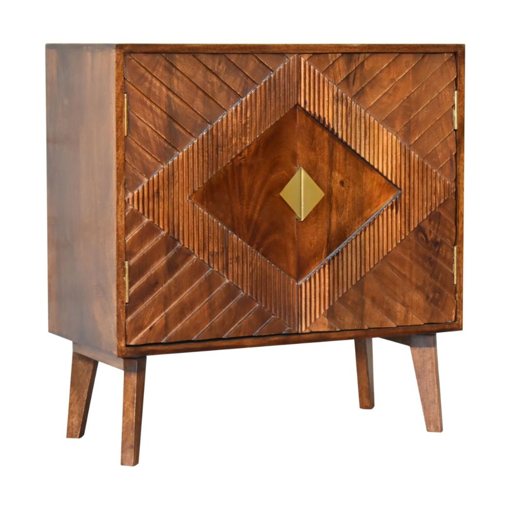 Alma Brass Inlay Cabinet | Solid Mango Wood | Chestnut Finish | Ridged Doors
