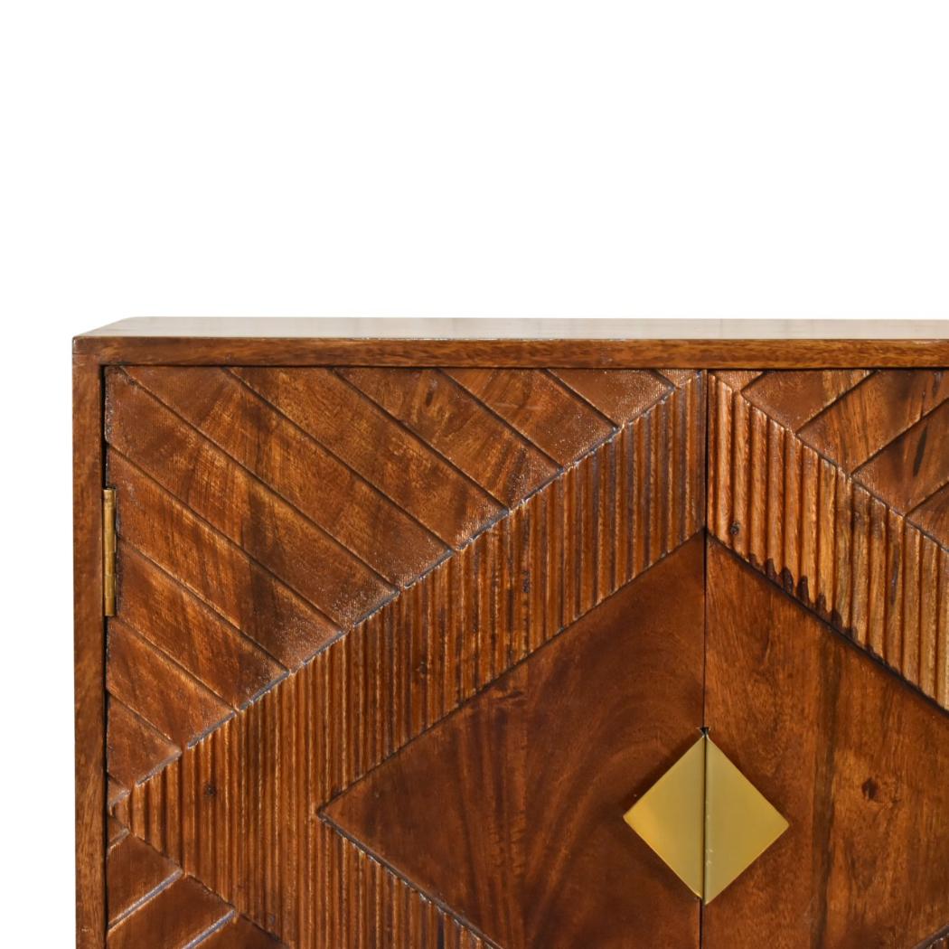 Alma Brass Inlay Cabinet | Solid Mango Wood | Chestnut Finish | Ridged Doors