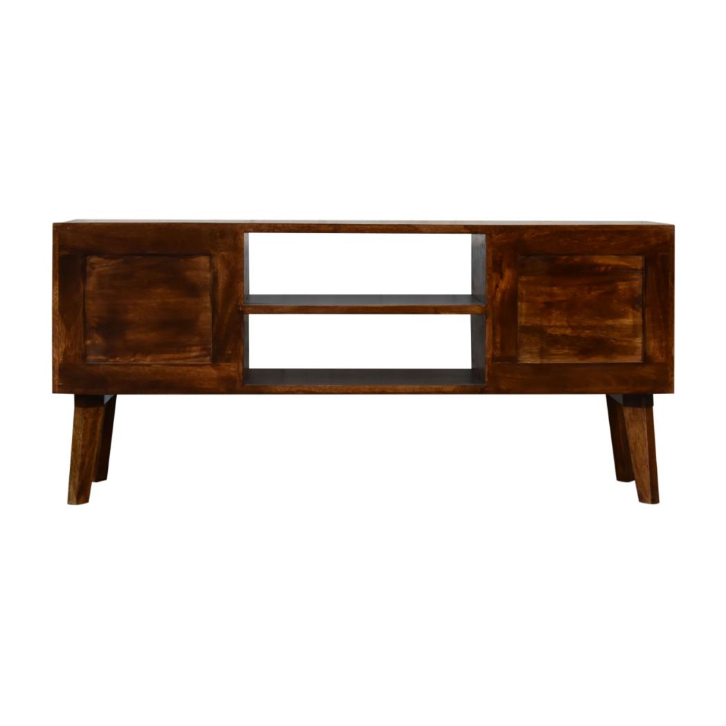 Alma Brass Inlay Media Unit | Solid Mango Wood | Chestnut Finish | 2 Open Shelves