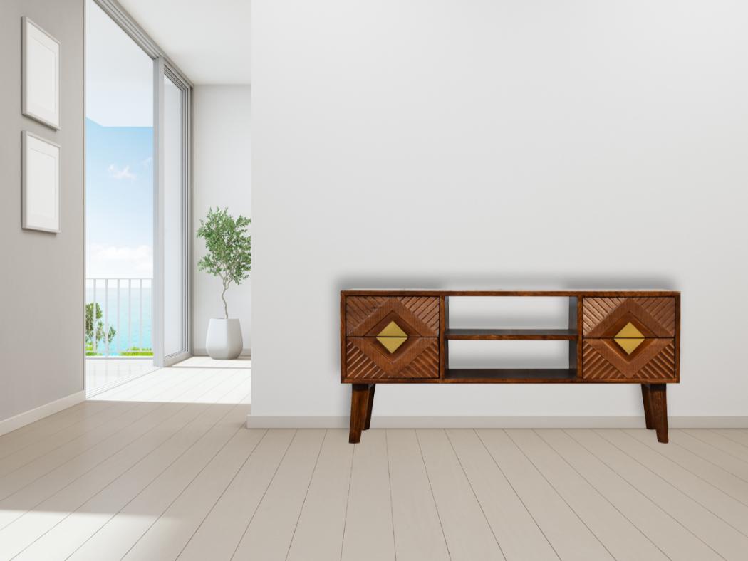 Alma Brass Inlay Media Unit | Solid Mango Wood | Chestnut Finish | 2 Open Shelves
