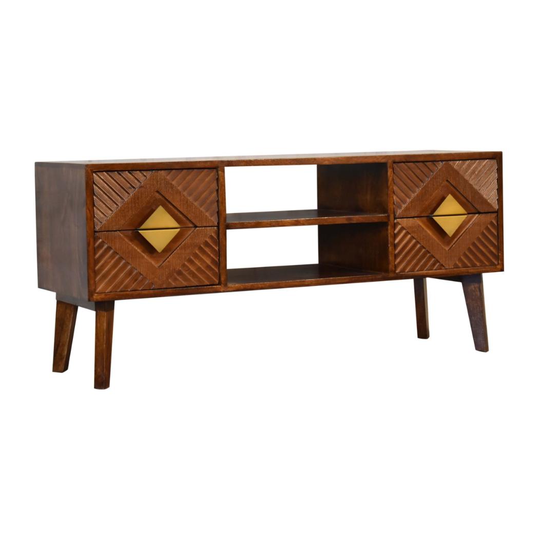Alma Brass Inlay Media Unit | Solid Mango Wood | Chestnut Finish | 2 Open Shelves