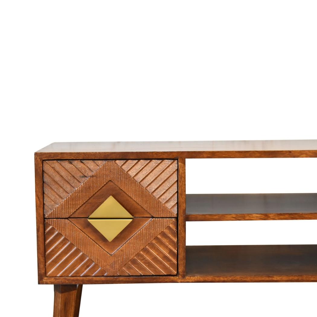 Alma Brass Inlay Media Unit | Solid Mango Wood | Chestnut Finish | 2 Open Shelves