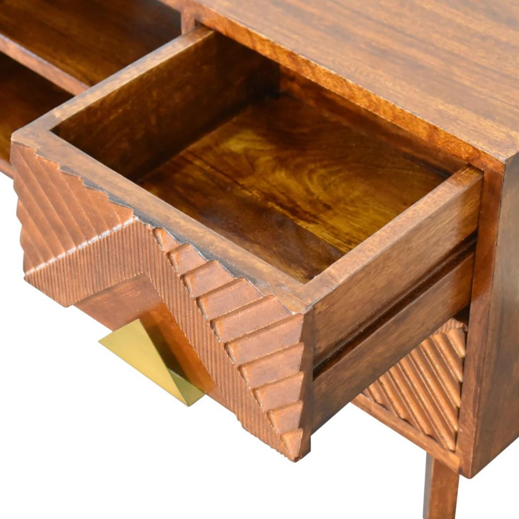 Alma Brass Inlay Media Unit | Solid Mango Wood | Chestnut Finish | 2 Open Shelves