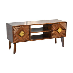 Alma Brass Inlay Media Unit | Solid Mango Wood | Chestnut Finish | 2 Open Shelves