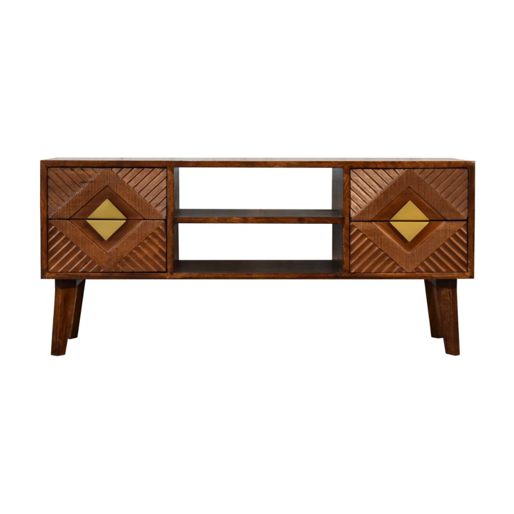 Alma Brass Inlay Media Unit | Solid Mango Wood | Chestnut Finish | 2 Open Shelves